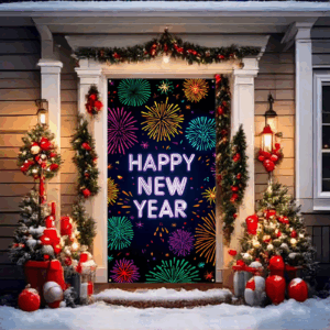 Neon Happy New Year Door Cover 2025 Colorful Firework New Years Banner for Front Door New Year Eve Party Decoration Porch Sign Outdoor Indoor Photography 35X71Inches,1Pcs Style C