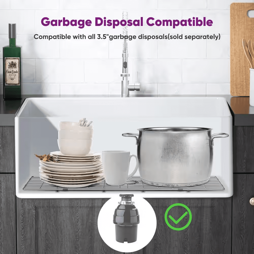 White Fireclay 24 In. L X 18 In. W Single Bowl Farmhouse Apron Kitchen Sink with Grid and Strainer - Image 6