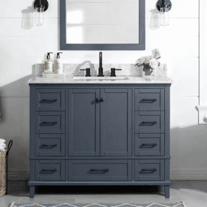 Merryfield 43 In. Single Sink Dark Blue-Grey Bath Vanity with White Carrara Marble Top (Assembled)