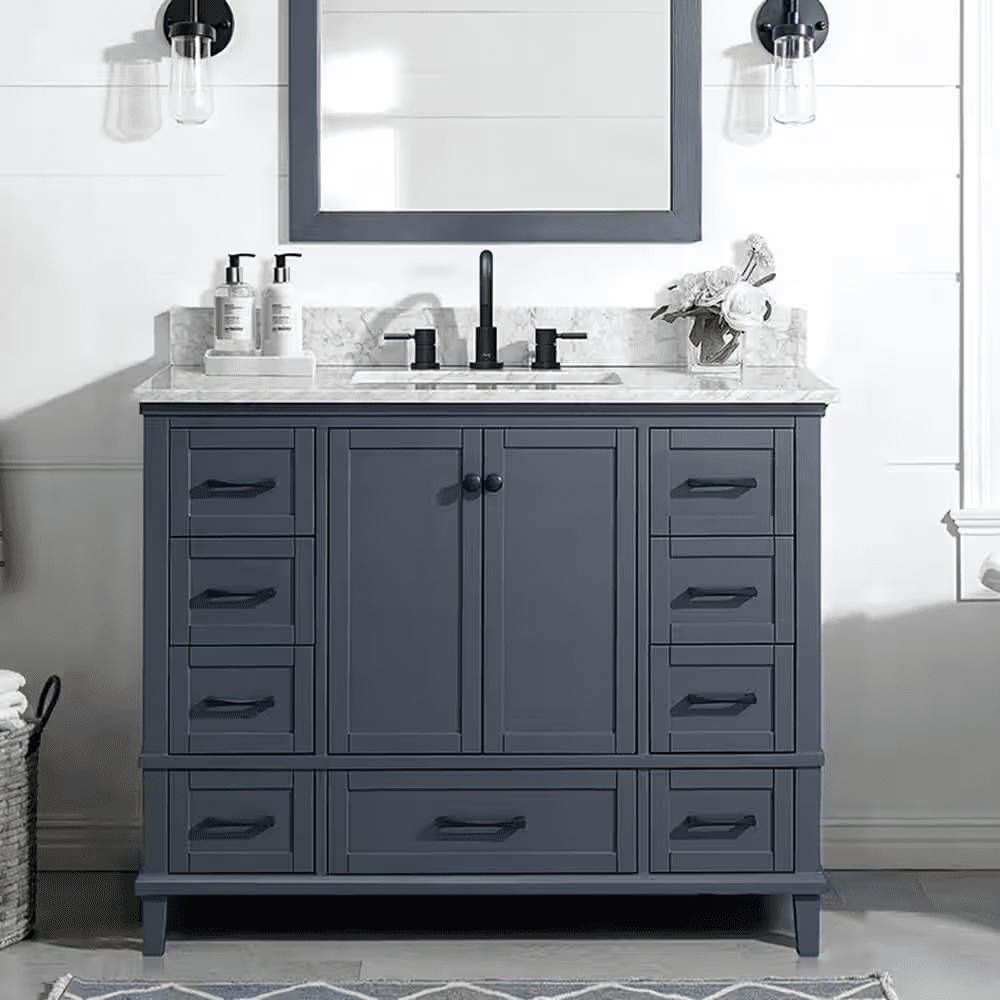 Merryfield 43 In. Single Sink Dark Blue-Grey Bath Vanity with White Carrara Marble Top (Assembled)