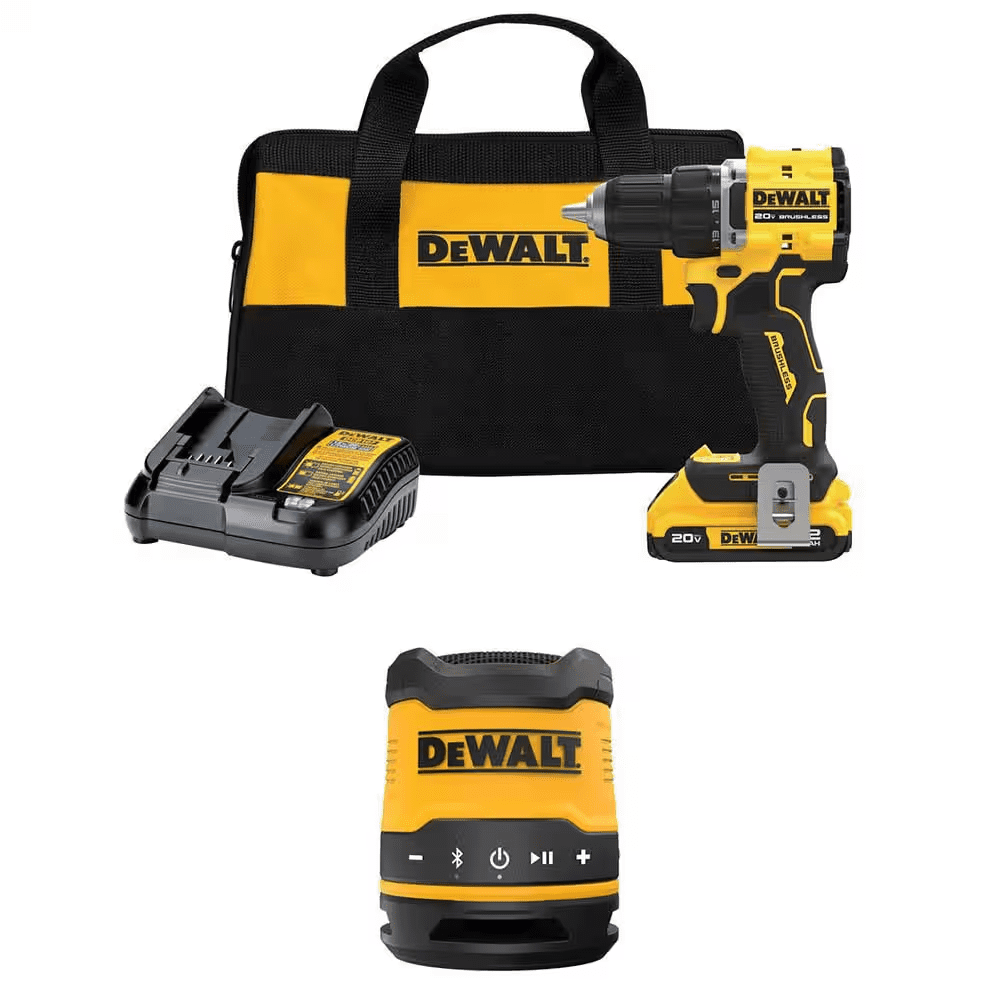 ATOMIC 20V Lithium-Ion Cordless Compact 1/2 In. Drill/Driver Kit and Bluetooth Speaker with 2Ah Battery, Charger and Bag