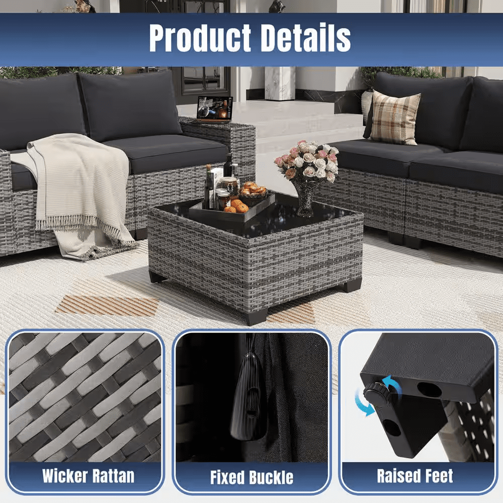 13-Pieces Gray Wicker Patio Conversation Set Wicker Patio Fire Pit Table Sectional Seating Set with Black Cushions - Image 6