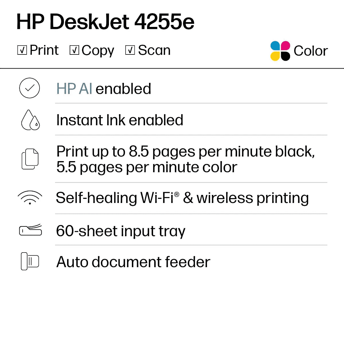 HP Deskjet 4255E Wireless All-In-One Color Printer Scanner Copier with 3 Months Free Instant Ink (588S6A) - Image 2