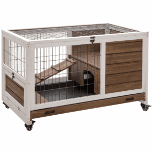Pawhut Wooden Rabbit Hutch Indoor Elevated Cage Habitat with No Leak Tray Enclosed Run with Wheels, Ideal for Rabbits and Guinea Pigs
