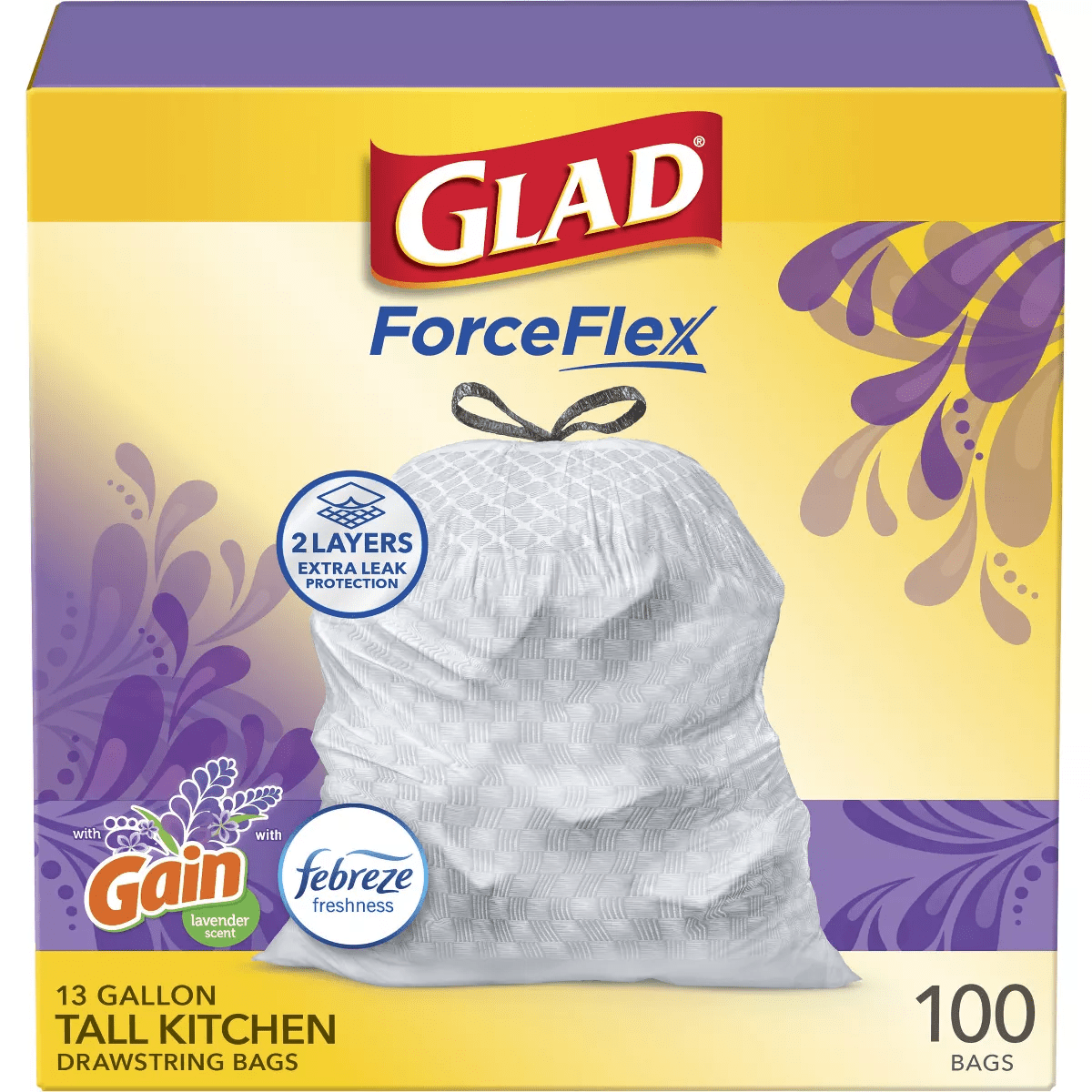 Glad Forceflex Tall Kitchen Drawstring Trash Bags - Febreze Lavender - 13 Gallon