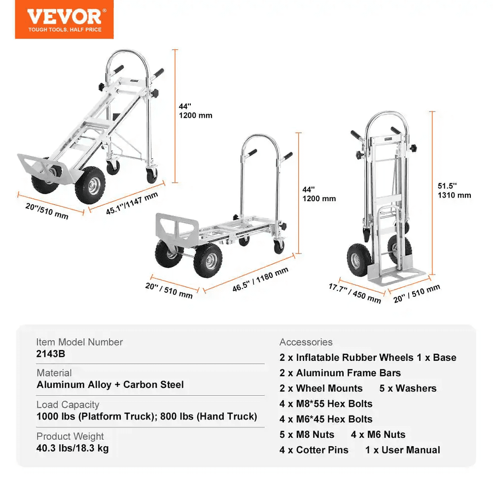 4-In-1 Aluminum Folding 1000 Lbs. Capacity Hand Truck with Rubber Wheels Heavy-Duty Industrial Collapsible Cart - Image 8