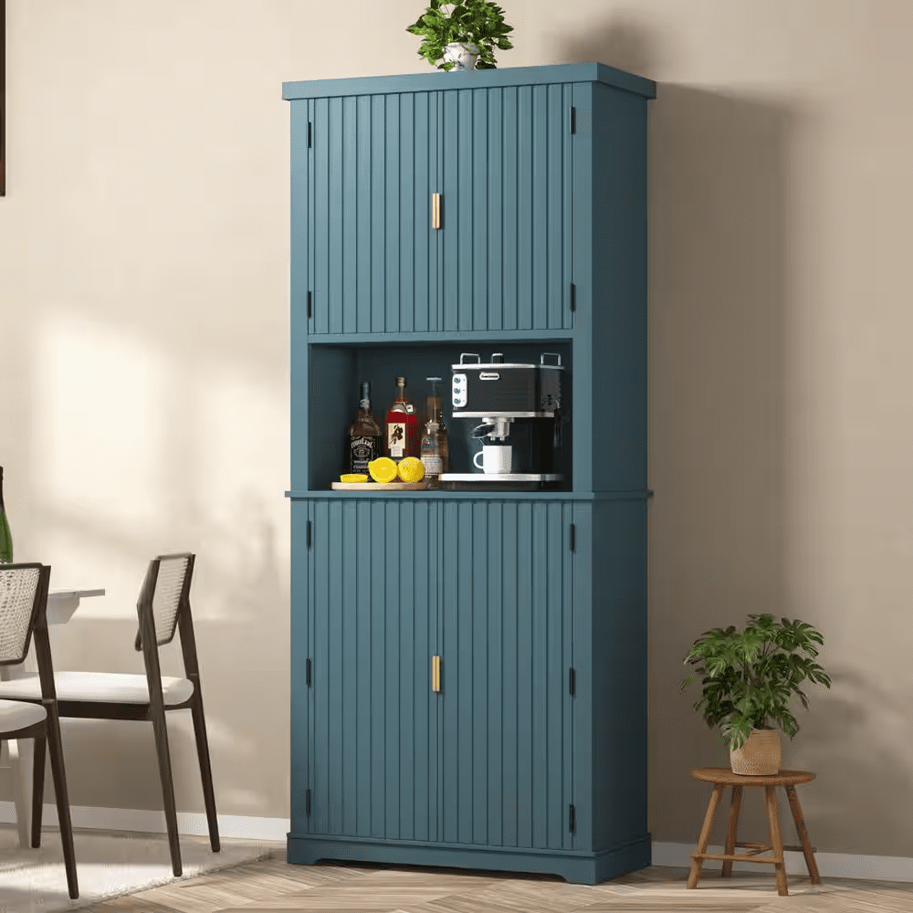 30.7 In. W Blue MDF Kitchen Buffet Pantry Storage Cabinet with Adjustable Shelf and Microwave Stand - Image 12