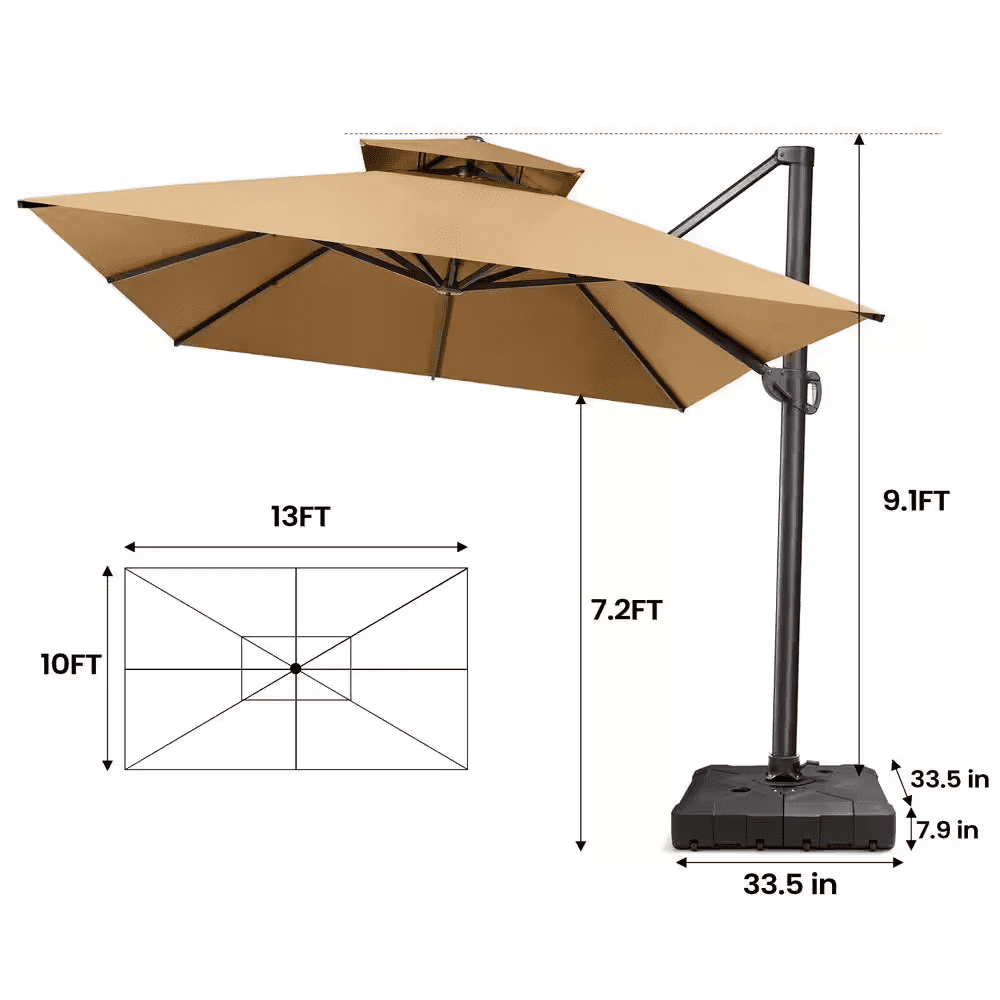2-Tier 13 Ft. X 10 Ft. Rectangular Aluminum 360° Rotation Patio Cantilever Umbrella in Tan with 260 Lbs. Umbrella Base - Image 5