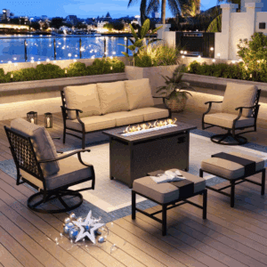 Black Metal Meshed 7 Seat 6-Piece Steel Outdoor Fire Pit Patio Set with Beige Cushions, Black Rectangular Fire Pit Table