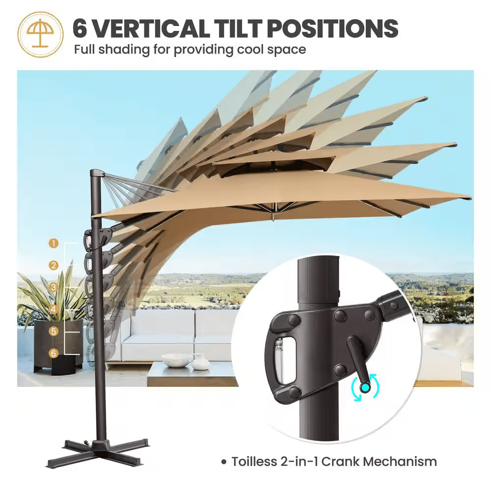 11 Ft. X 9 Ft. Double Top Rectangular Cantilever Patio Umbrella in Tan Brown with 260 Lbs. Base Stand - Image 3