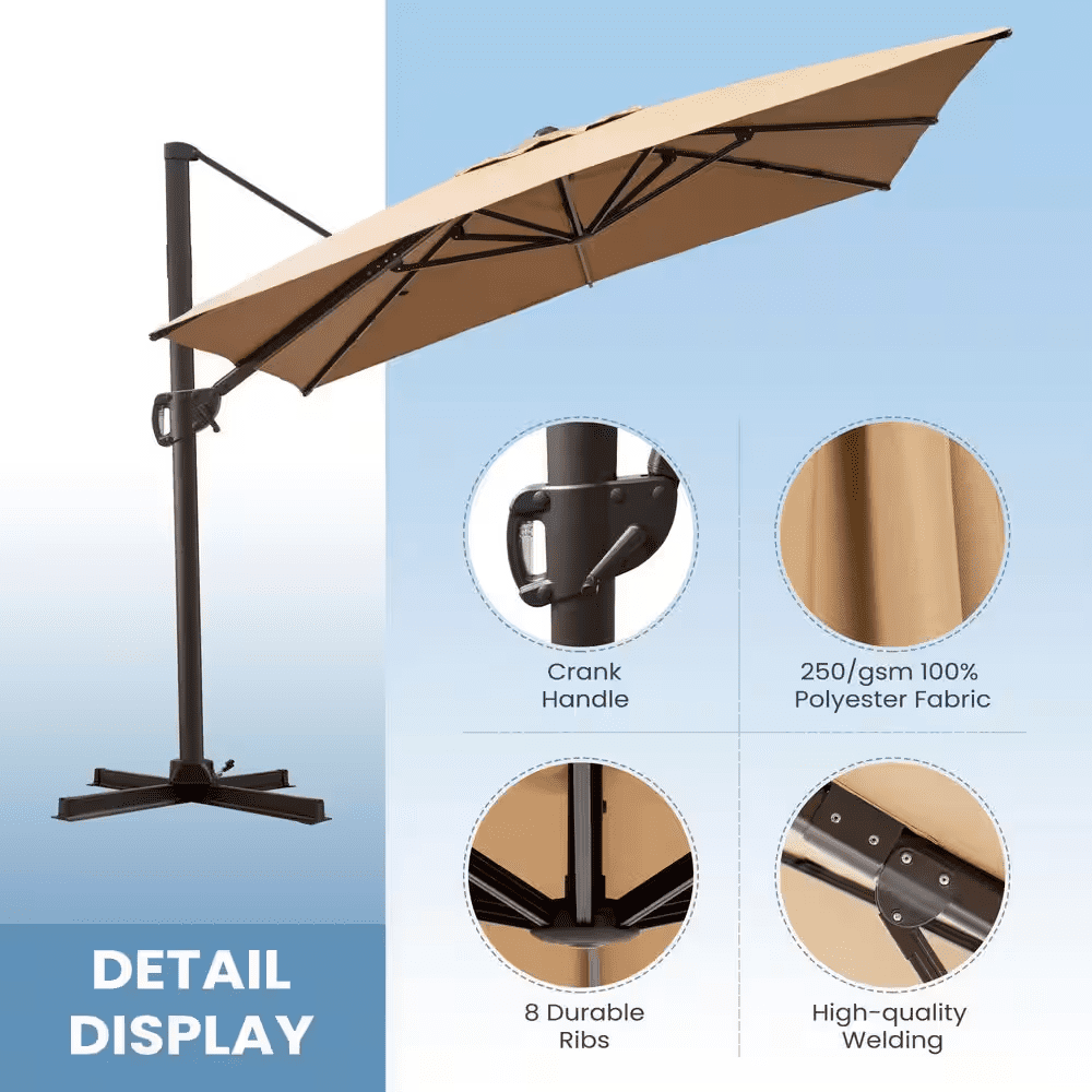 11 Ft. X 9 Ft. Rectangular Outdoor Cantilever Patio Umbrella in Tan Brown with 260 Lbs. Base Stand - Image 4