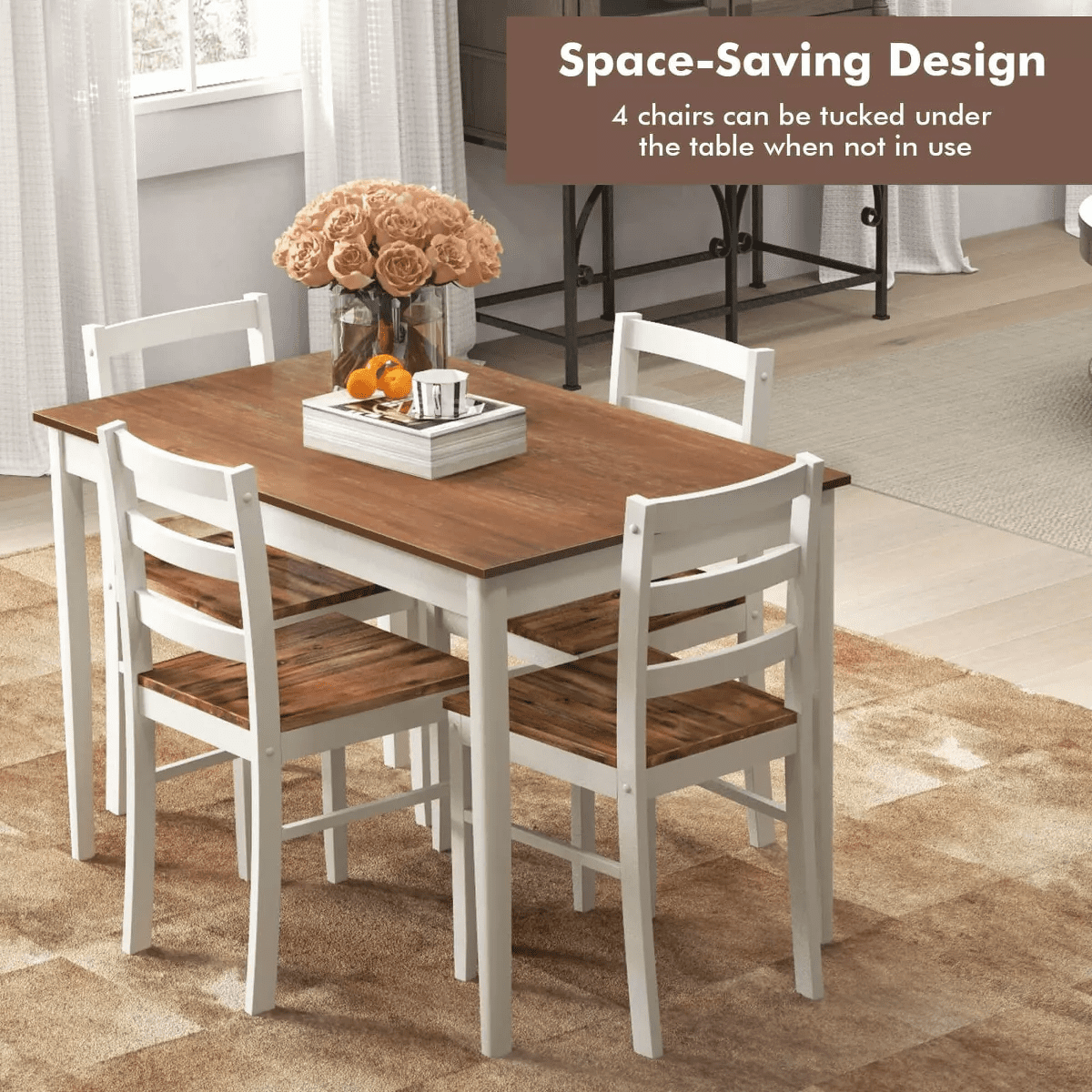 Costway 5-Piece Dining Set Solid Wood Kitchen with Rectangular Table & 4 Chairs Natural/Coffee/Grey - Image 4