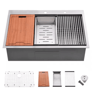 Stainless Steel 33 In. 2-Hole Single Bowl Drop-In Kitchen Sink with Bottom Grid and Basket Strainer