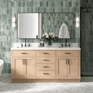 Hepburn 72 In. Double Sink Freestanding Bathroom Vanity in Oak with Carrara White Quartz Top