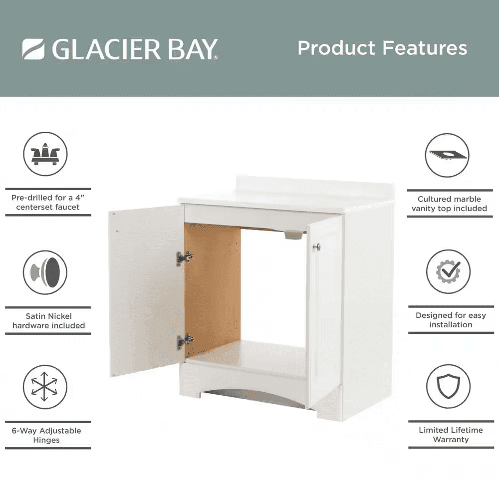 31 In. Single Sink White Bath Vanity with White Cultured Marble Top (Assembled) - Image 3