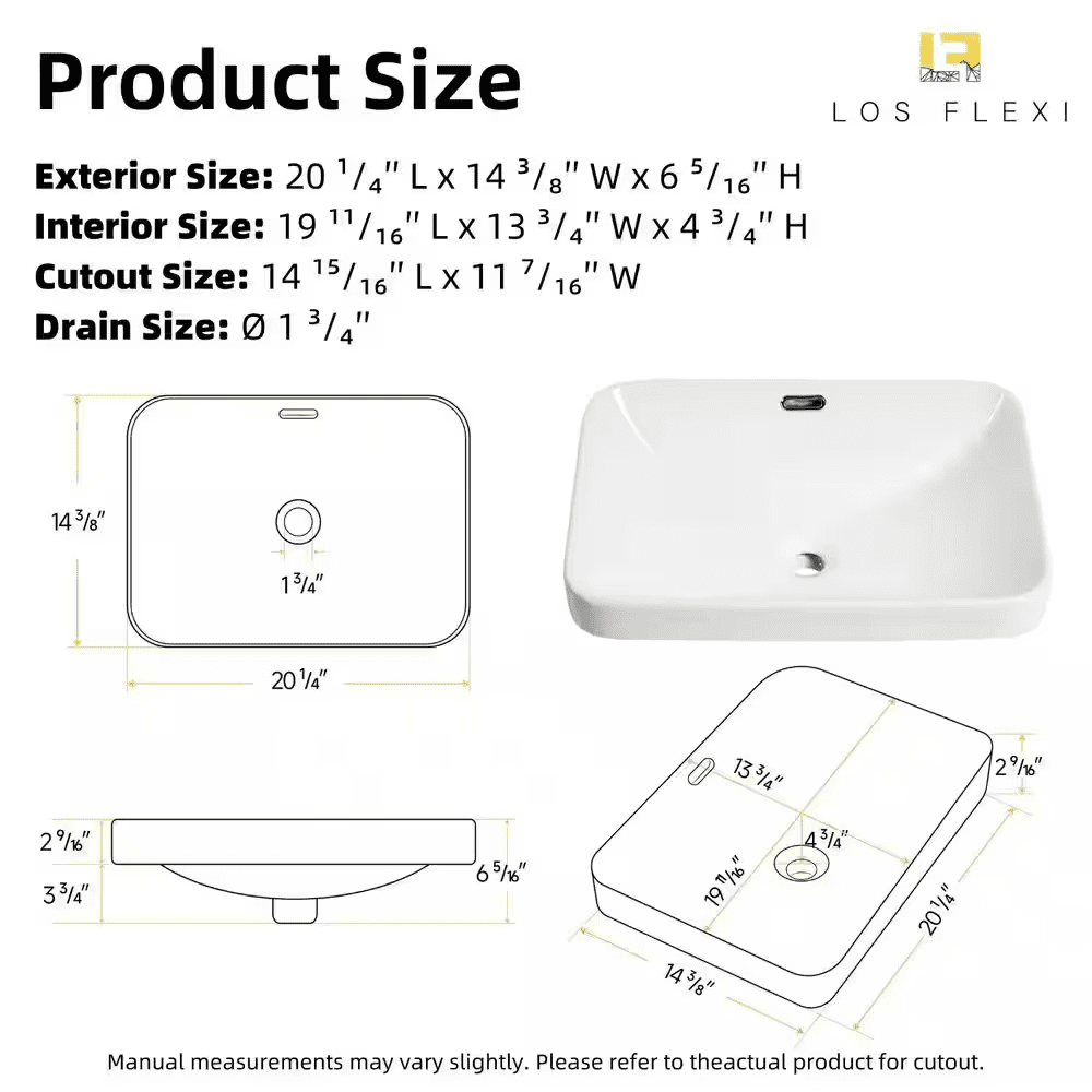 Rectangular Semi Recessed Bathroom Sink 20 In. X 14 In. White Ceramic Vessel Sink with Rear Overflow and Rounded Corners - Image 6