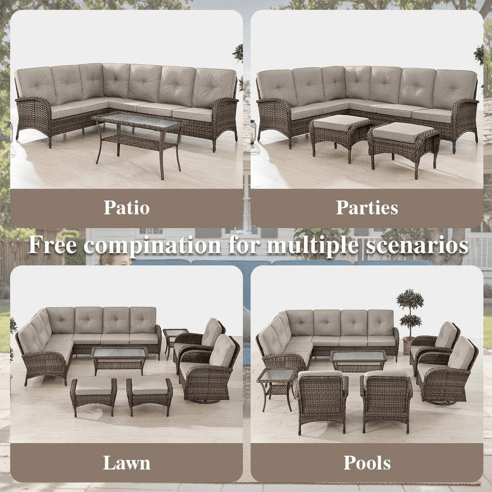 Carlos 8-Piece All-Weather Brown Wicker Patio Conversation Set with Beige Cushions and Coffee Table - Image 3