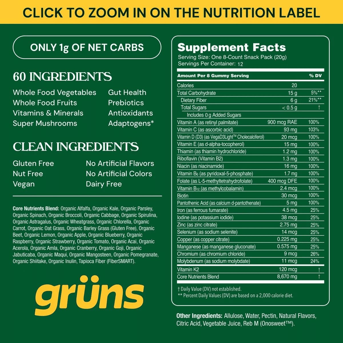 Grüns Adult Sugar-Free Superfoods Greens Gummies - 96Ct/12 Servings - Image 9