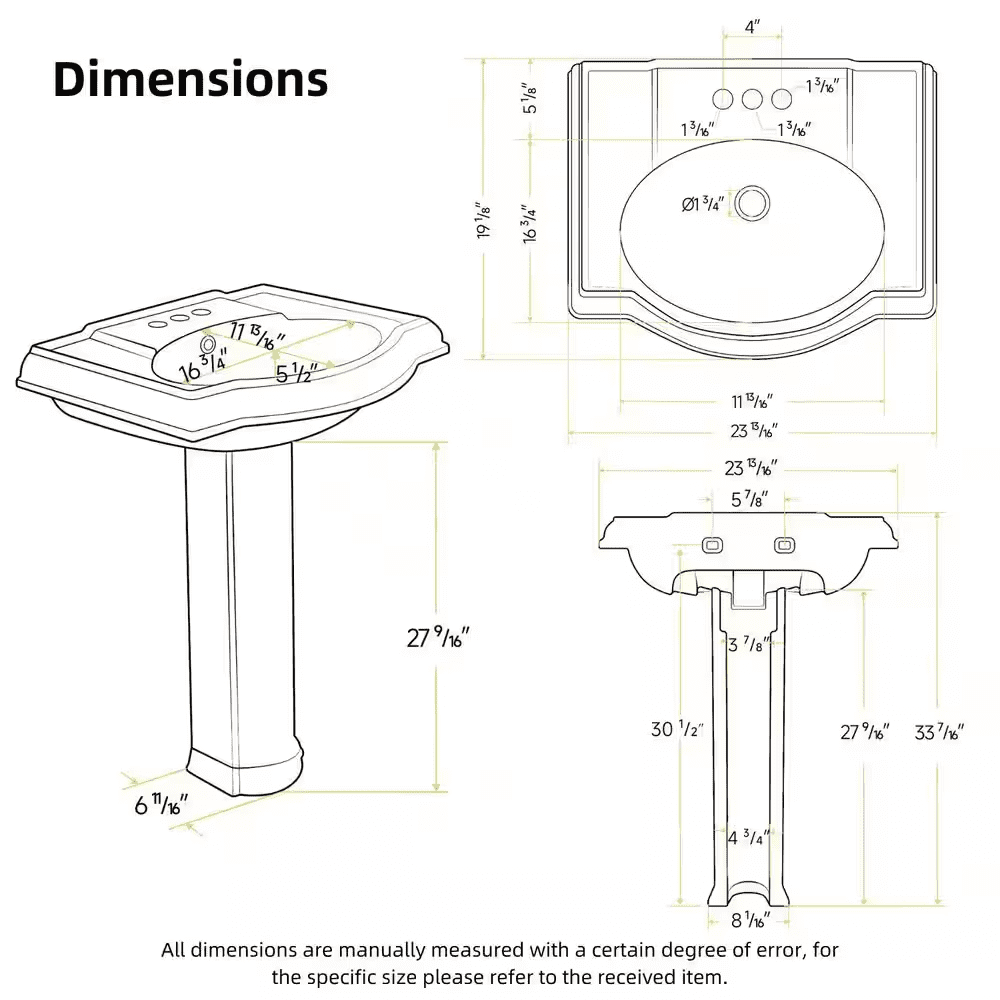 24 In. X 19 In. White Ceramic Rectangular Pedestal Bathroom Sink with Overflow and 3-Faucet Holes - Image 3