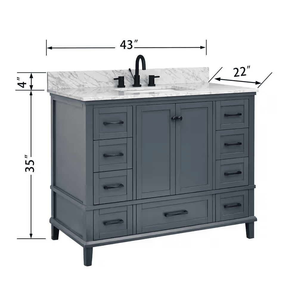 Merryfield 43 In. Single Sink Dark Blue-Grey Bath Vanity with White Carrara Marble Top (Assembled) - Image 7