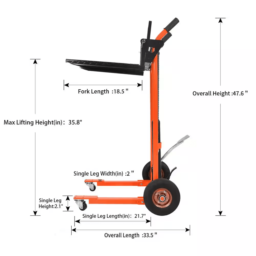 Orange 440 Lbs. Hand Stacker with 35.8 In. Max Lift Adjustable Forks and Fixed Legs Mini Manual Lift Pallet Stacker - Image 4