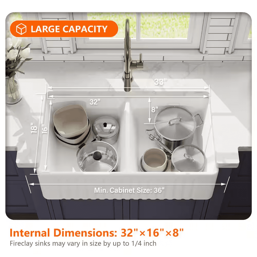 Eclipse White Ceramic 33 In. L 50/50 Rectangular Double Basin Farmhouse Apron Kitchen Sink with Grid and Strainer - Image 7