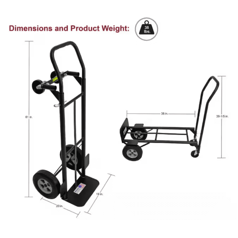 600-Lbs. Capacity 4 -Wheel Black Steel Convertible Hand Truck - Image 4