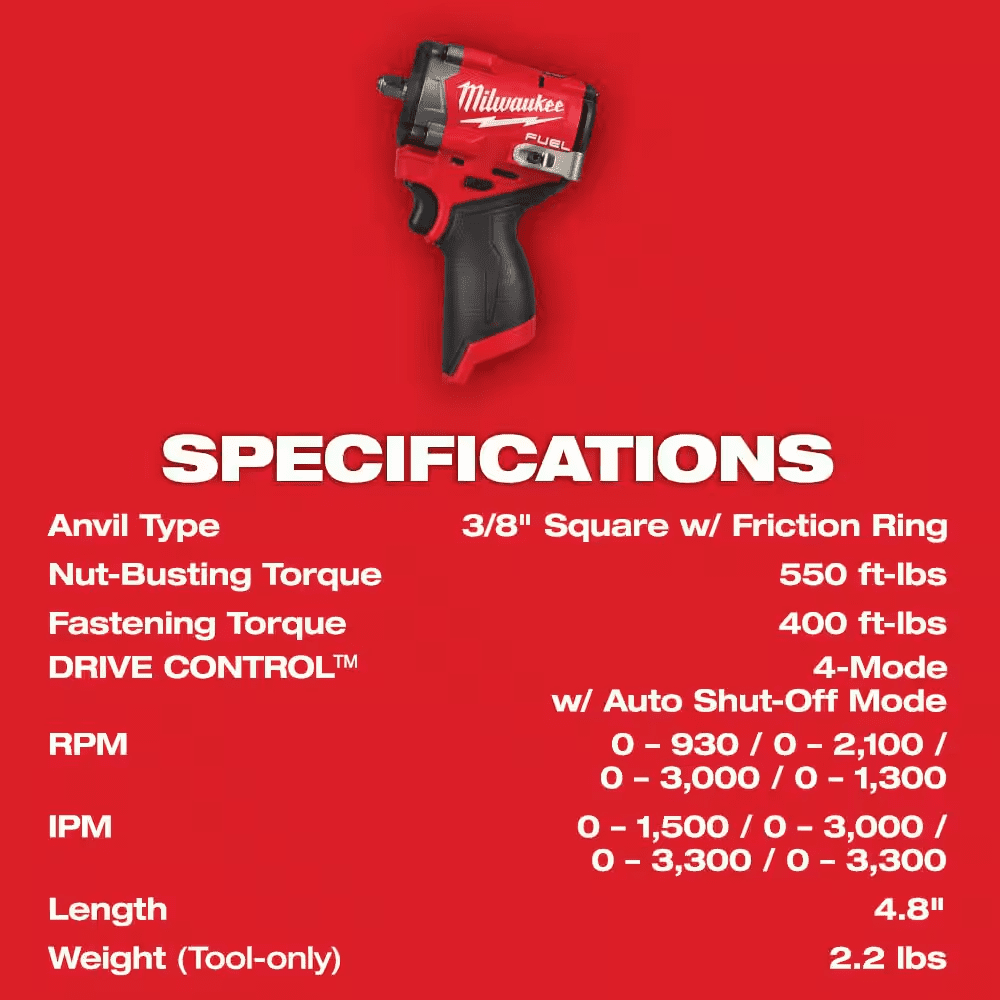 M12 FUEL 12V Lithium-Ion Brushless Cordless Stubby 3/8 In. Impact Wrench (Tool-Only) - Image 7
