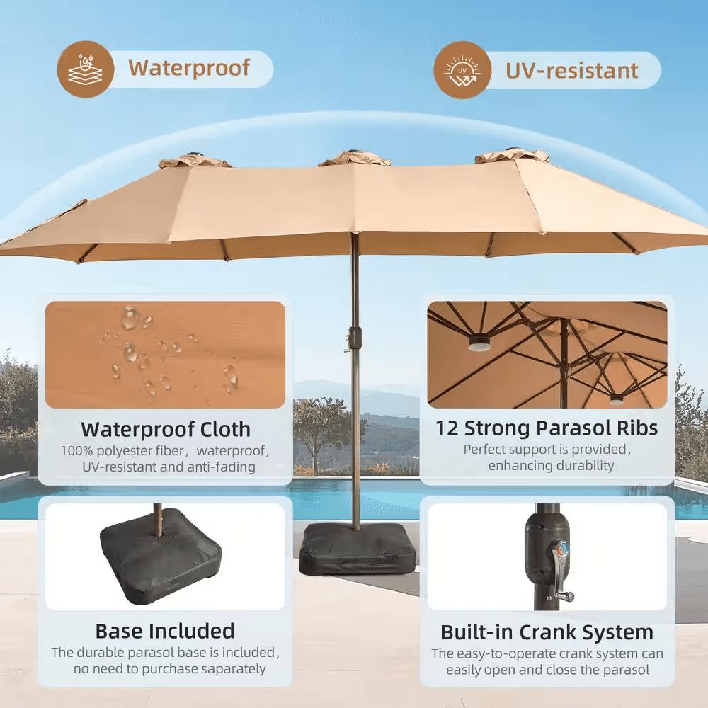 Extra-Large 8.5 X 14.5 Ft. Rectangular Patio Umbrella with Solar Light, Steel Frame, Stand and Sand Bags in Beige - Image 5