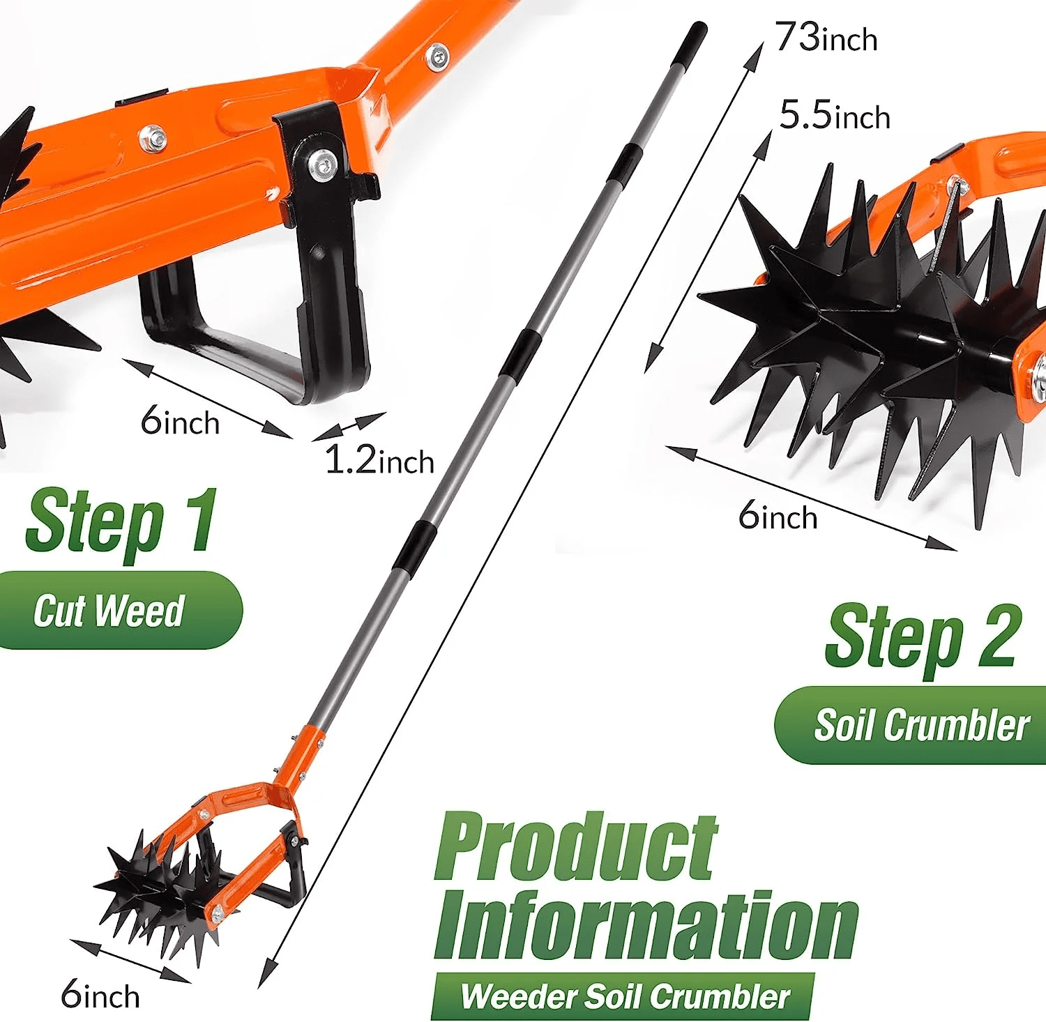 Rotary Cultivator Tool, Adjustable Garden Hand Tiller with Stainless Steel Pole, 2-In-1 Garden Weeder and Crumbler Soil Cultivator Tool with Weeding Knife for Soil Mixing or Reseeding Grass - Image 4