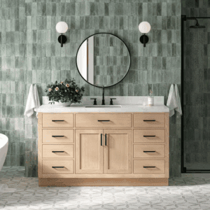 Hepburn 60 In. Single Sink Freestanding Bathroom Vanity in Oak with Carrara White Quartz Top