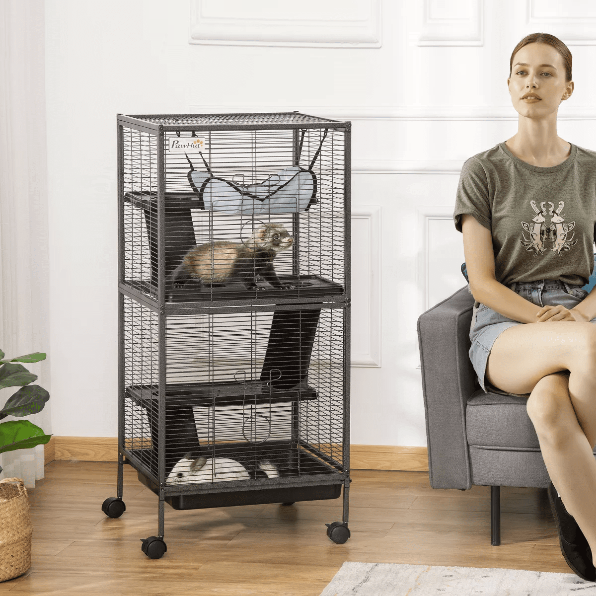 Pawhut Small Animal Cage Ferret Cage Large Chinchilla Cage Hammock Accessory Heavy-Duty Steel Wire Small Animal Habitat with Tray - Image 3