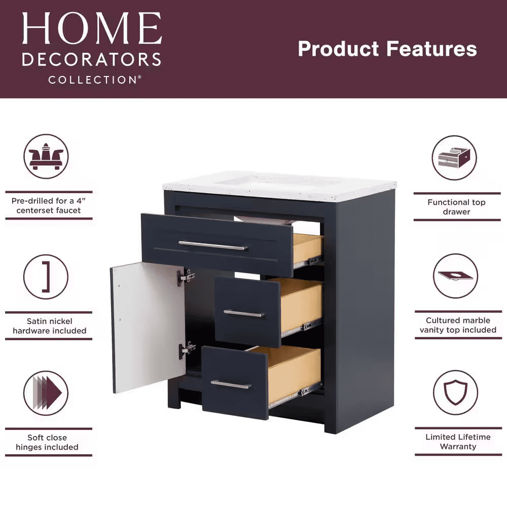 Clady 31 In. Single Sink Deep Blue Bath Vanity with Silver Ash Cultured Marble Top (Assembled) - Image 3