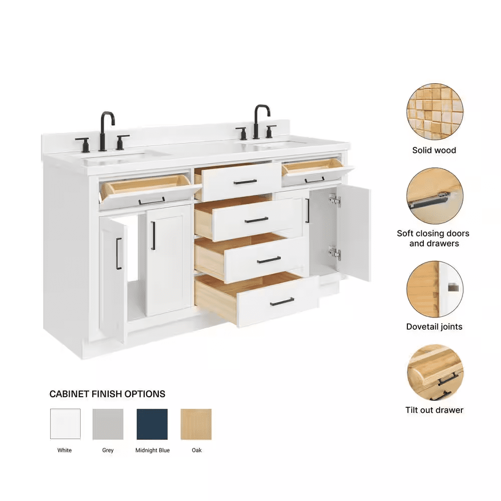 Hepburn 66 In. Double Sink Freestanding Bathroom Vanity in White with Carrara White Quartz Top - Image 5