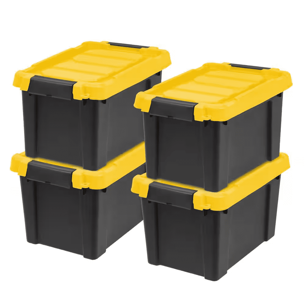 5 Gal. Heavy-Duty Stackable Storage Tote, Black with Yellow Lid (Set of 4)