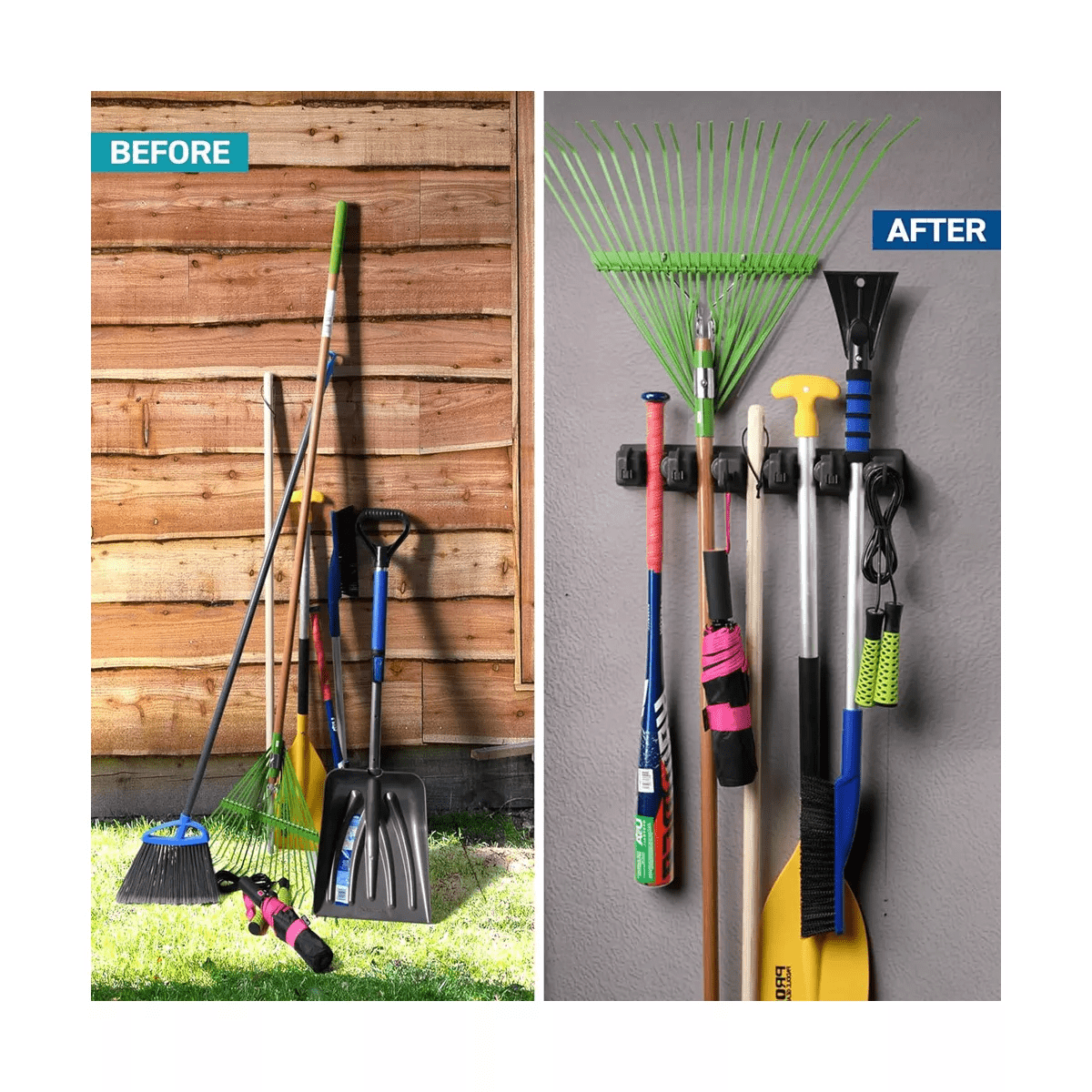 1-2 Pack Broom and Mop Holder Rack - Garage Storage System - Garden Tool Organizer with 5 Slots, 6 Hooks, 7.5Lbs Capacity per Slot off - Homeitusa - Image 3