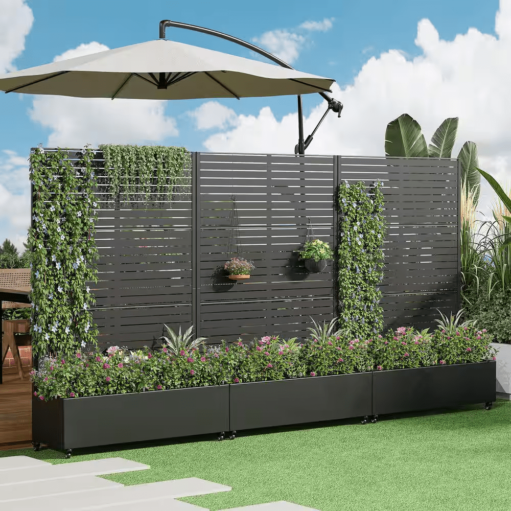 72 In. H X 47 In. W Rectanglar Black Outdoor Metal Privacy Screen Planter Box Wall Decor in Louvered Pattern - Image 9