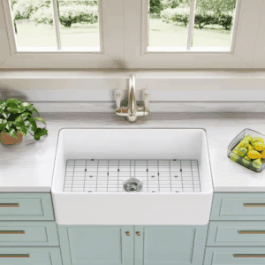 White Fireclay 33 In. Single Bowl Kitchen Sink Farmhouse Apron Front with Bottom Grid and Strainer