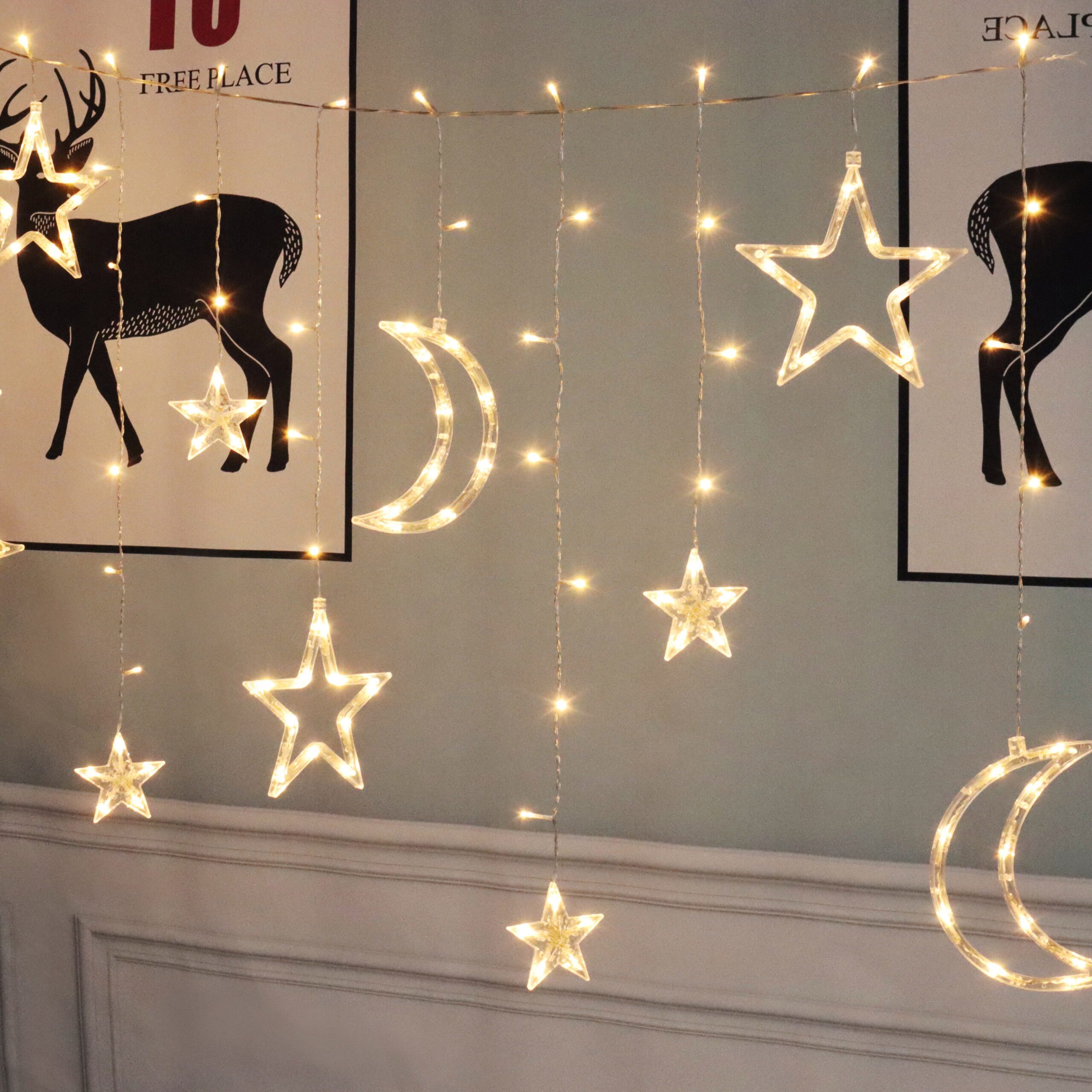 144-Count Indoor Battery Operated Warm White LED Curtain Lights with Stars and Moons