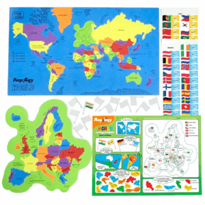 Mapology World Map Puzzle with Flags & Capitals + Separate Europe Map - Educational Jigsaw Floor Puzzles | Geography Kids Learning Games for Ages 5+