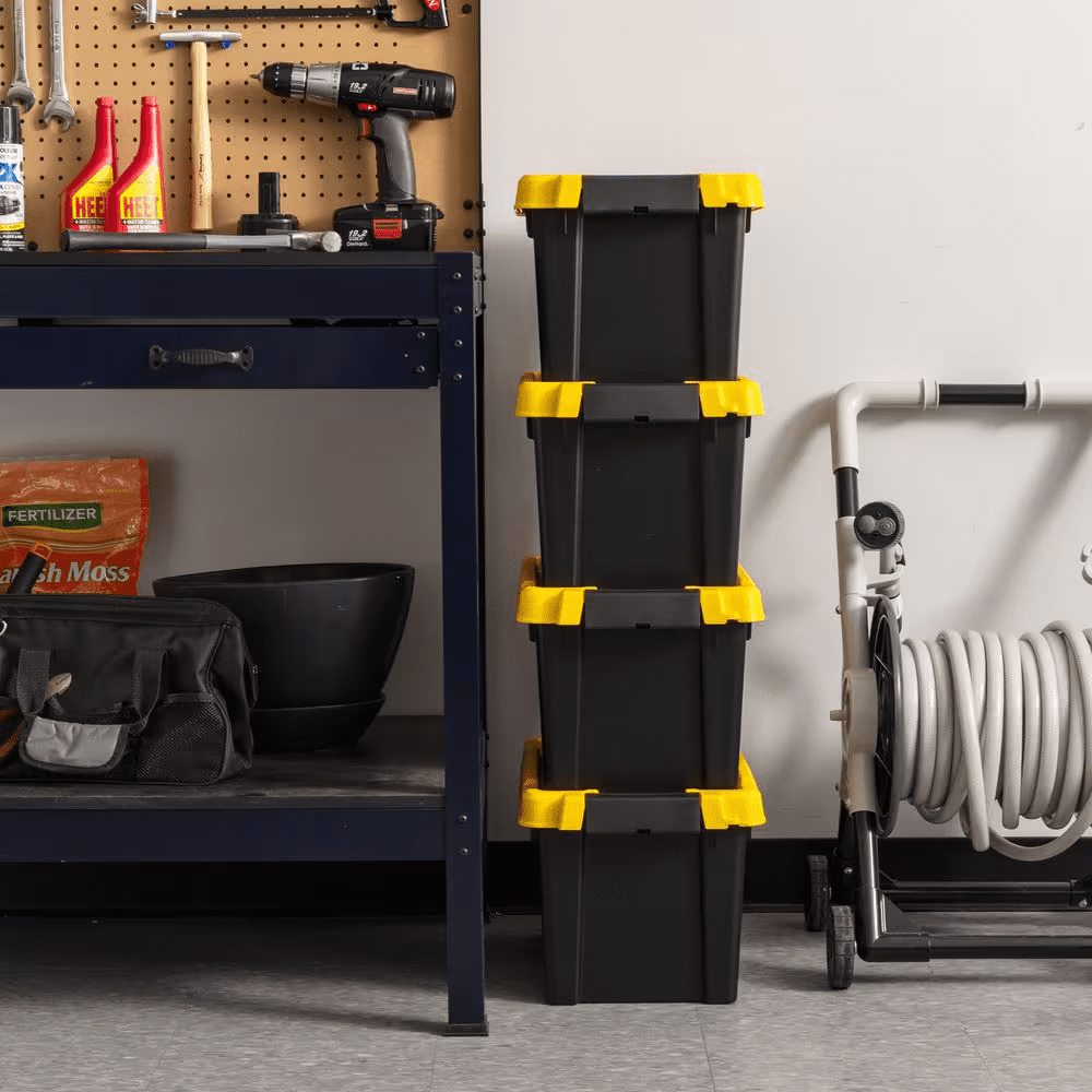 5 Gal. Heavy-Duty Stackable Storage Tote, Black with Yellow Lid (Set of 4) - Image 4