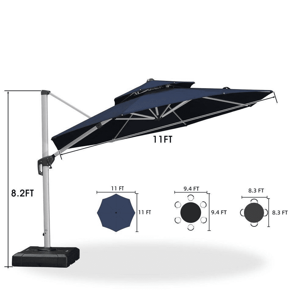 11 Ft. Octagon High-Quality Aluminum Cantilever Outdoor Patio Umbrella with Base, Navy Blue - Image 9