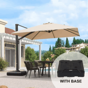 10 Ft. Square Large Outdoor Aluminum Cantilever 360-Degree Rotation Patio Umbrella with Base, Beige