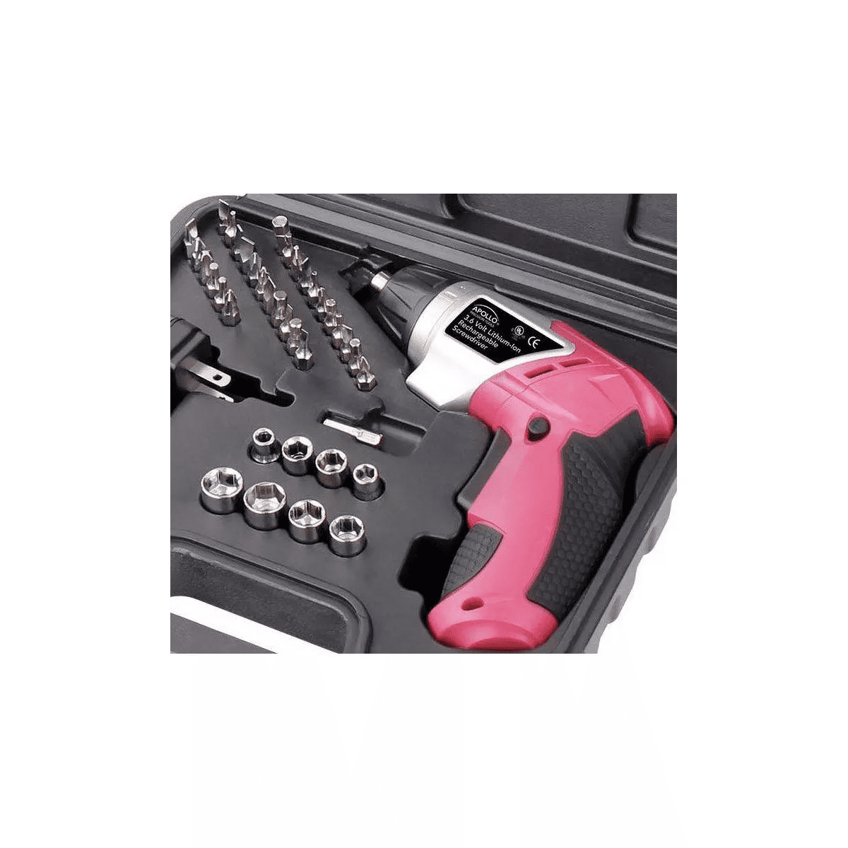 Apollo Tools DT4944P 3.6 Volt Rechargeable Screwdriver with 45Pc Accessory Set Pink: Hand Drill Tool Kit, Lithium Ion Battery - Image 2