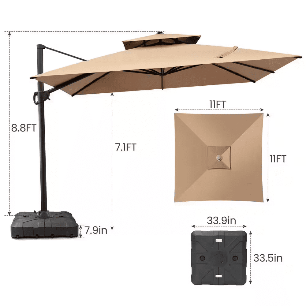11 Ft. X 11 Ft. Double Top Cantilever Tilt Patio Umbrella in Tan Brown with 260 Lbs. Base Stand - Image 7