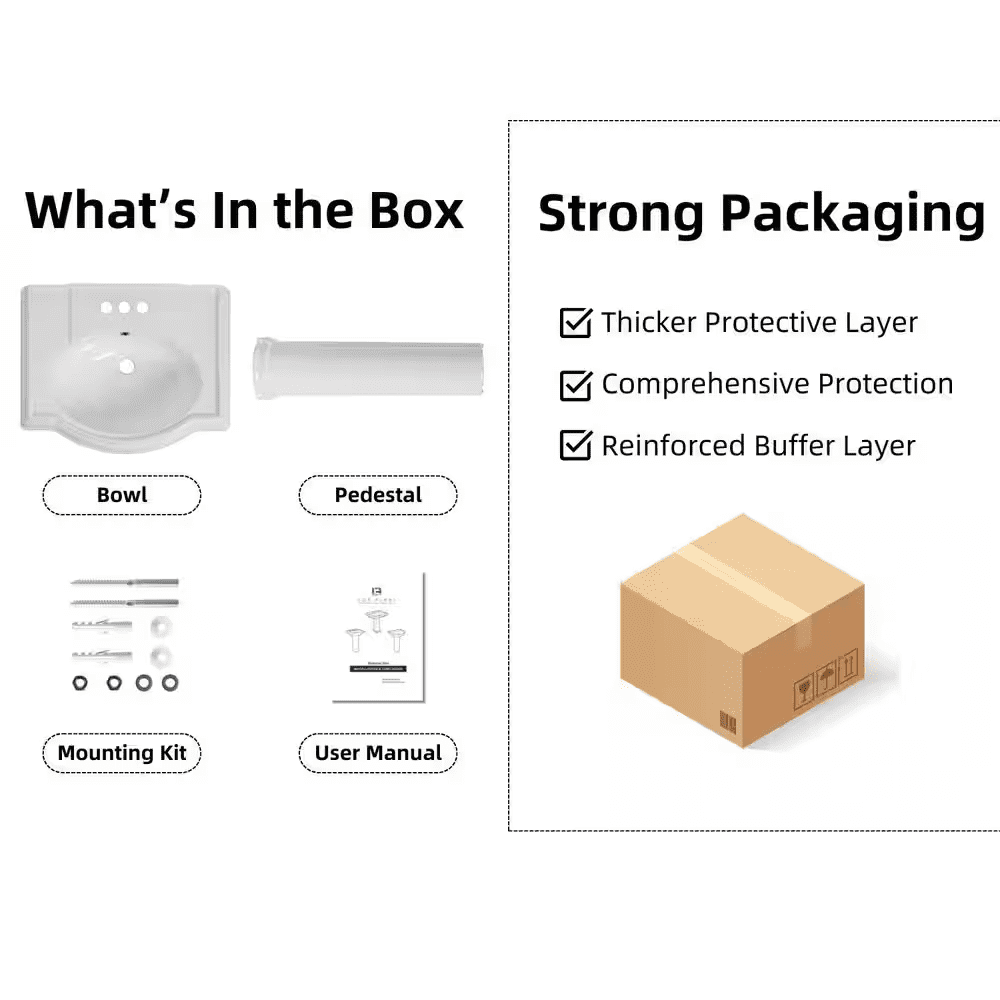 24 In. X 19 In. White Ceramic Rectangular Pedestal Bathroom Sink with Overflow and 3-Faucet Holes - Image 4