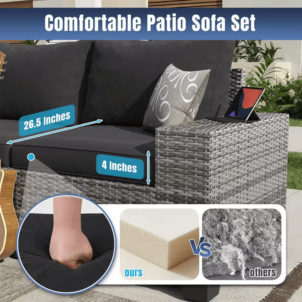 13-Pieces Gray Wicker Patio Conversation Set Wicker Patio Fire Pit Table Sectional Seating Set with Black Cushions - Image 5