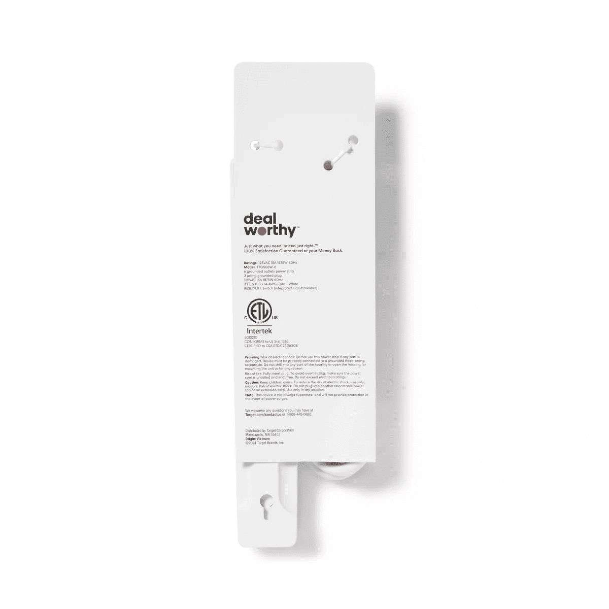 3' 6 Outlet Indoor Power Strip White - Dealworthy™: 15A 1875W Extension Cord, 14 AWG, 3Ft Cable, 1 Year Warranty - Image 3