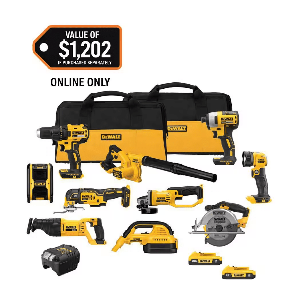 20-Volt Max Lithium-Ion 10-Tool Cordless Combo Kit with Two 2.0 Ah Batteries, Charger and 2 Bags