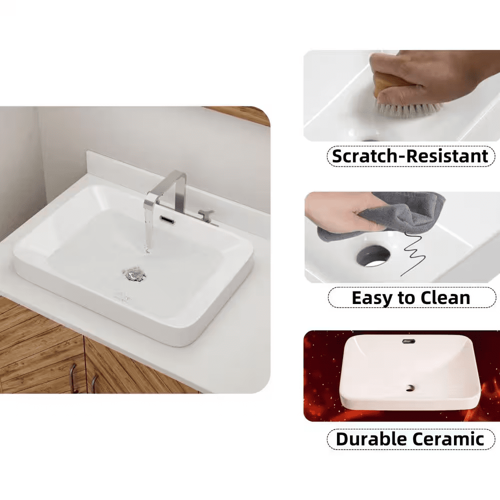 Rectangular Semi Recessed Bathroom Sink 20 In. X 14 In. White Ceramic Vessel Sink with Rear Overflow and Rounded Corners - Image 4